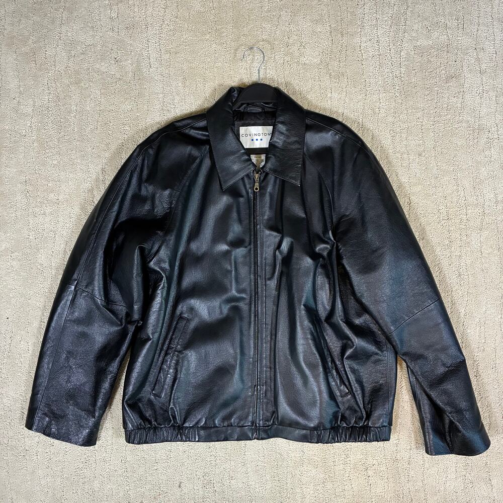 Y2K Covington Black Leather Bomber Jacket Men XL Grunge Indie Sleaze Workwear